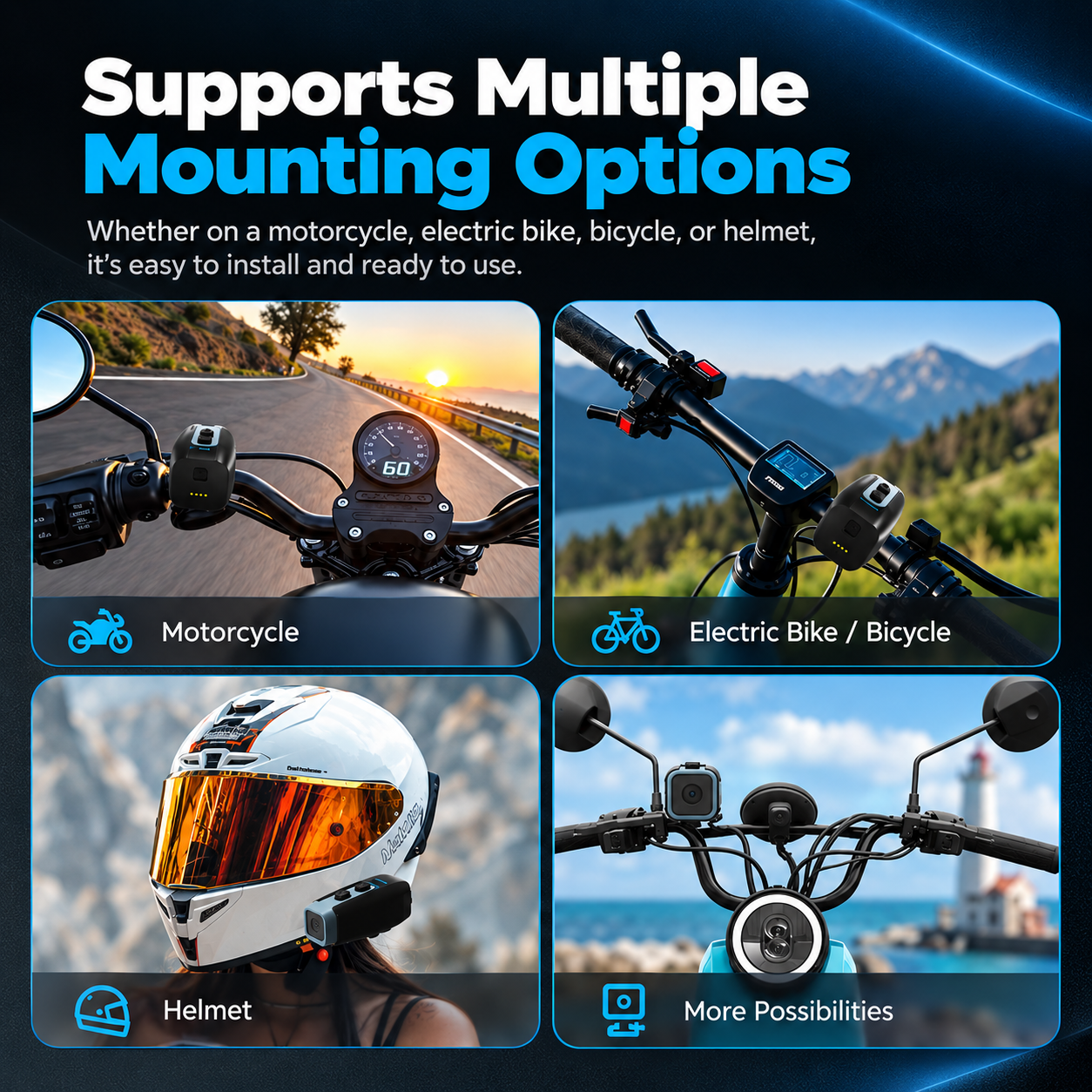 Motorcycle dash cam mounting options for motorcycles, bicycles, e-bikes, and helmets