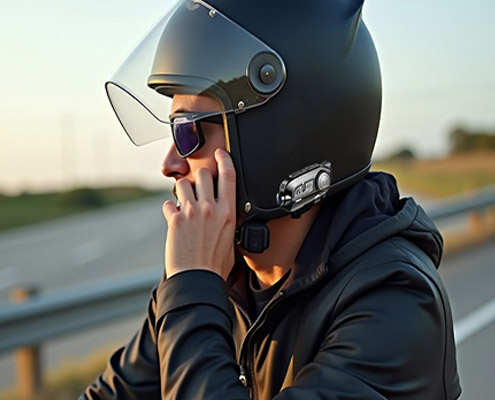 The rider is wearing a s-11 Bluetooth intercom and driving on the highway, looking relaxed