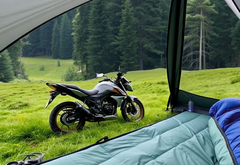 A motorcycle was parked next to the grassland camping site