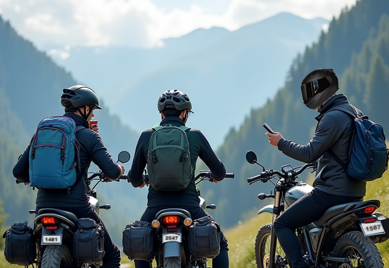 three people riding motorcycles stopped at the foot of the mountain